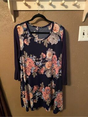 Navy Floral Swing Tunic with Pink Blooms